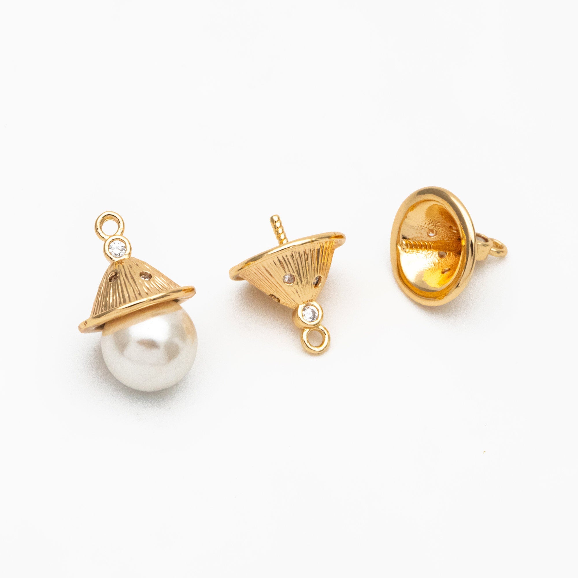 10pcs CZ Pave Gold Bead Caps, Real Gold plated Brass, Peg For Half Drilled Pearl Mounts, Peg Pearl Findings (GB-3942)